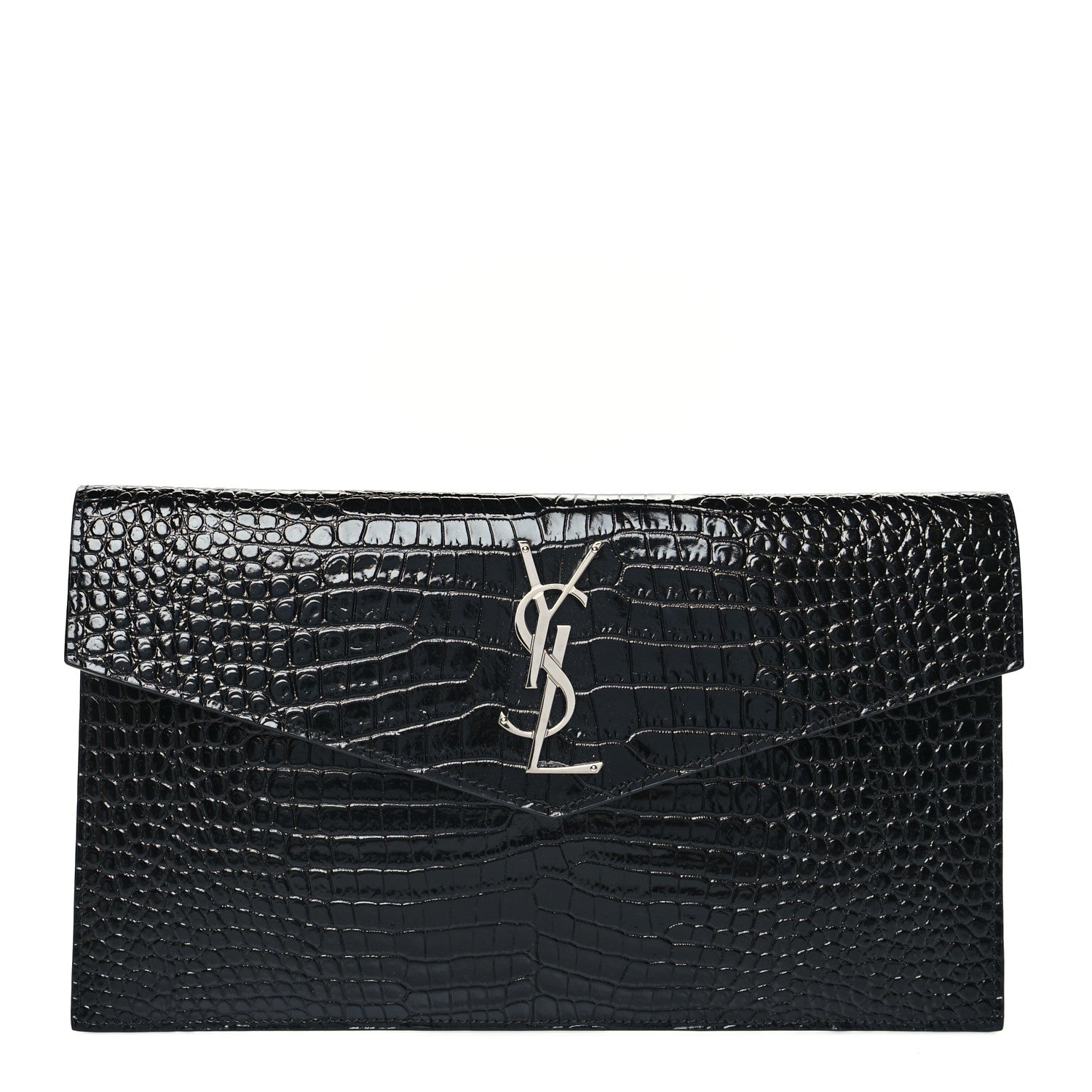 Saint Laurent Calfskin Crocodile Embossed Uptown Monogram Pouch Black 1 of 10