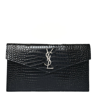 Saint Laurent Calfskin Crocodile Embossed Uptown Monogram Pouch Black 1 of 10