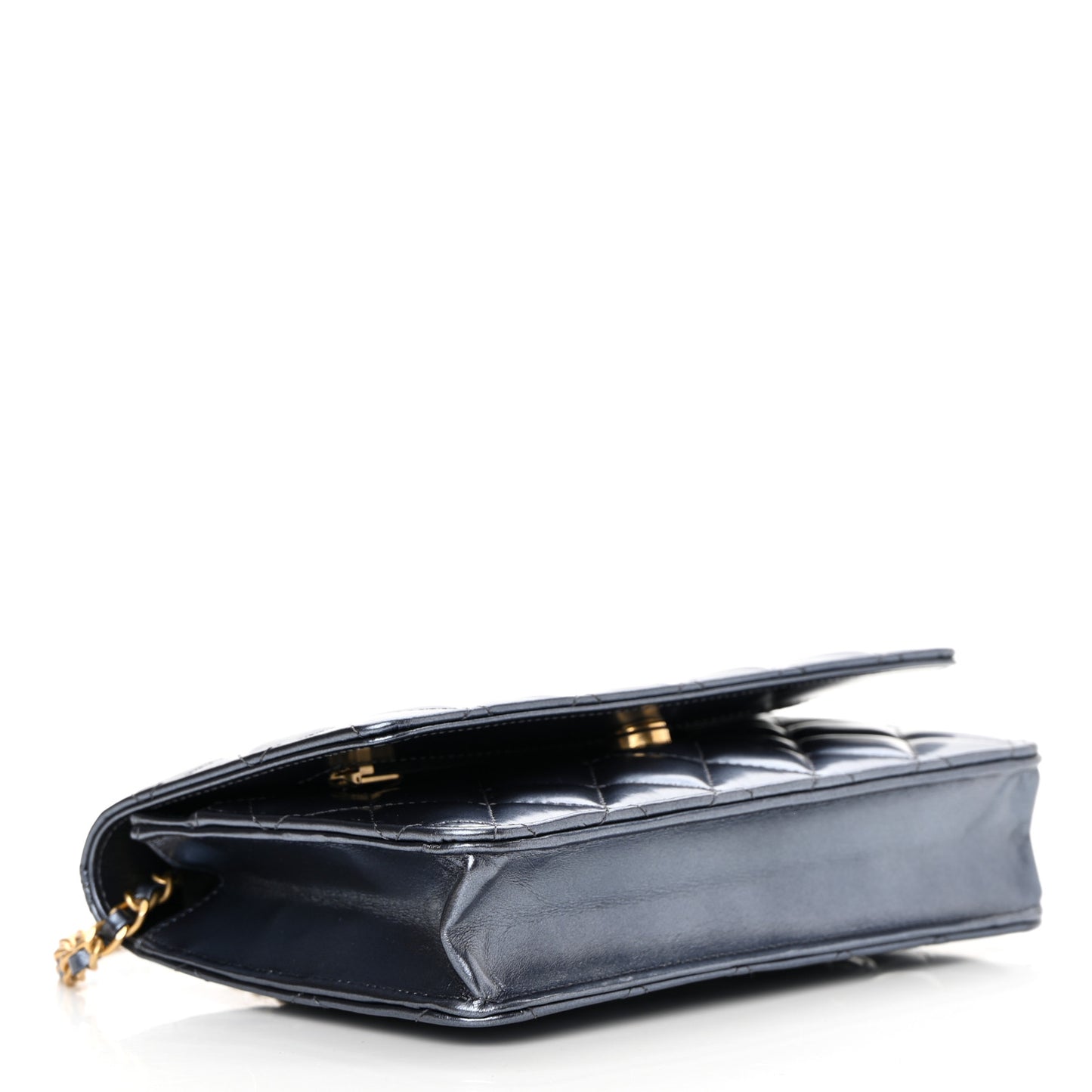 Metallic Lambskin Wallet On Chain WOC Dark Blue