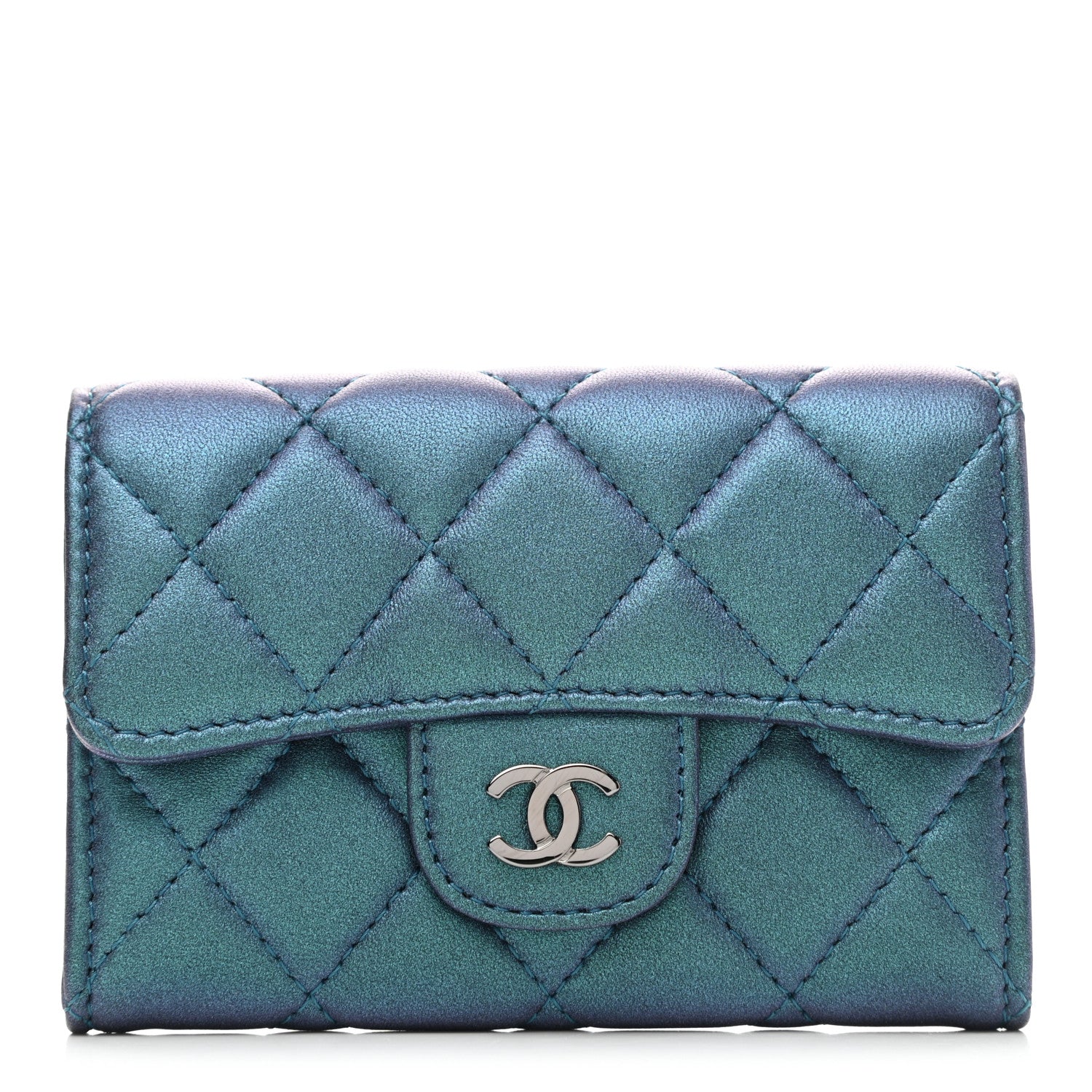 Chanel Iridescent Lambskin Quilted Flap Card Holder Turquoise 1 of 8