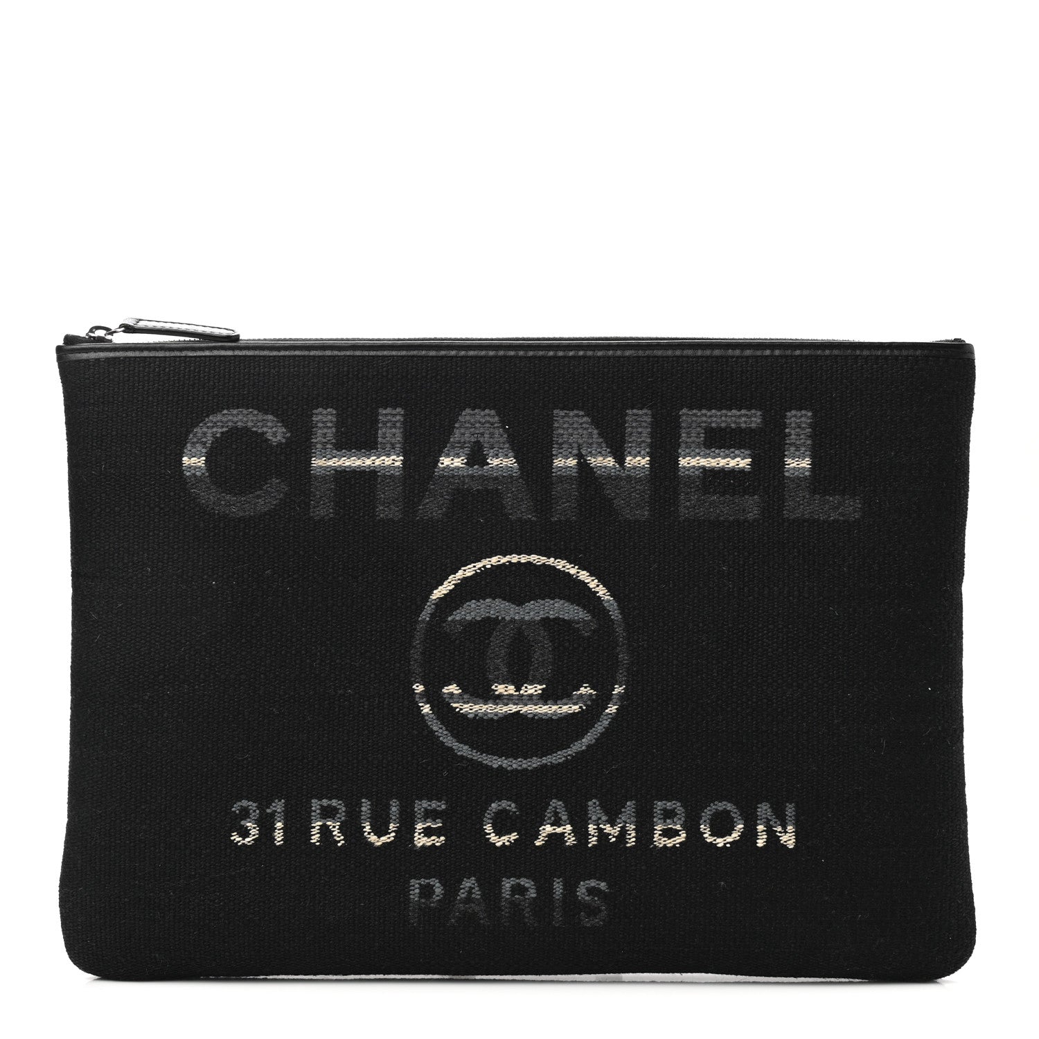 Chanel Striped Canvas Medium Deauville Cosmetic Pouch Grey Black 1 of 8