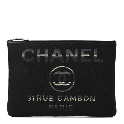 Chanel Striped Canvas Medium Deauville Cosmetic Pouch Grey Black 1 of 8
