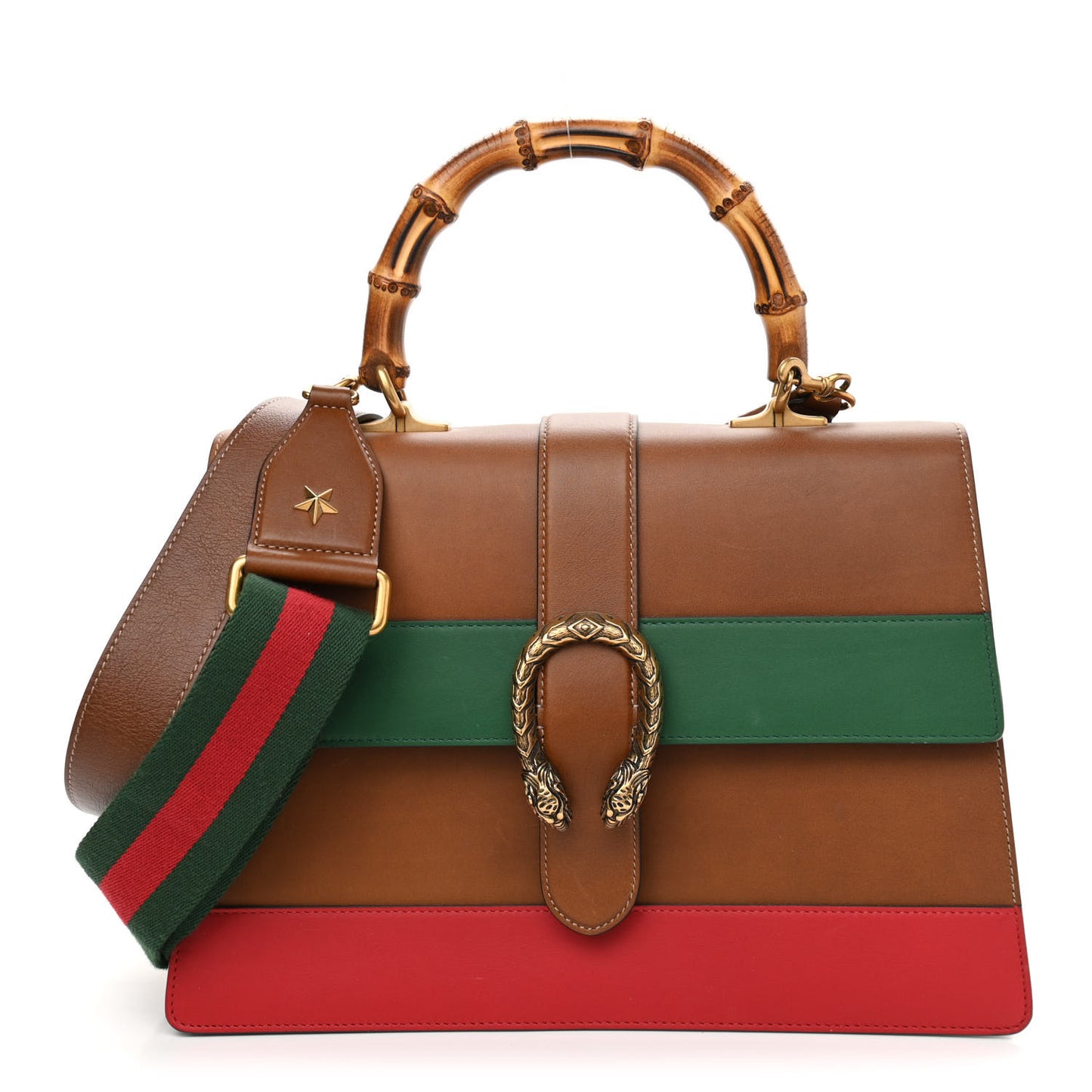 Moon Calfskin Web Large Dionysus Bamboo Top Handle Bag Cuir Bright Evergreen Hibiscus Red