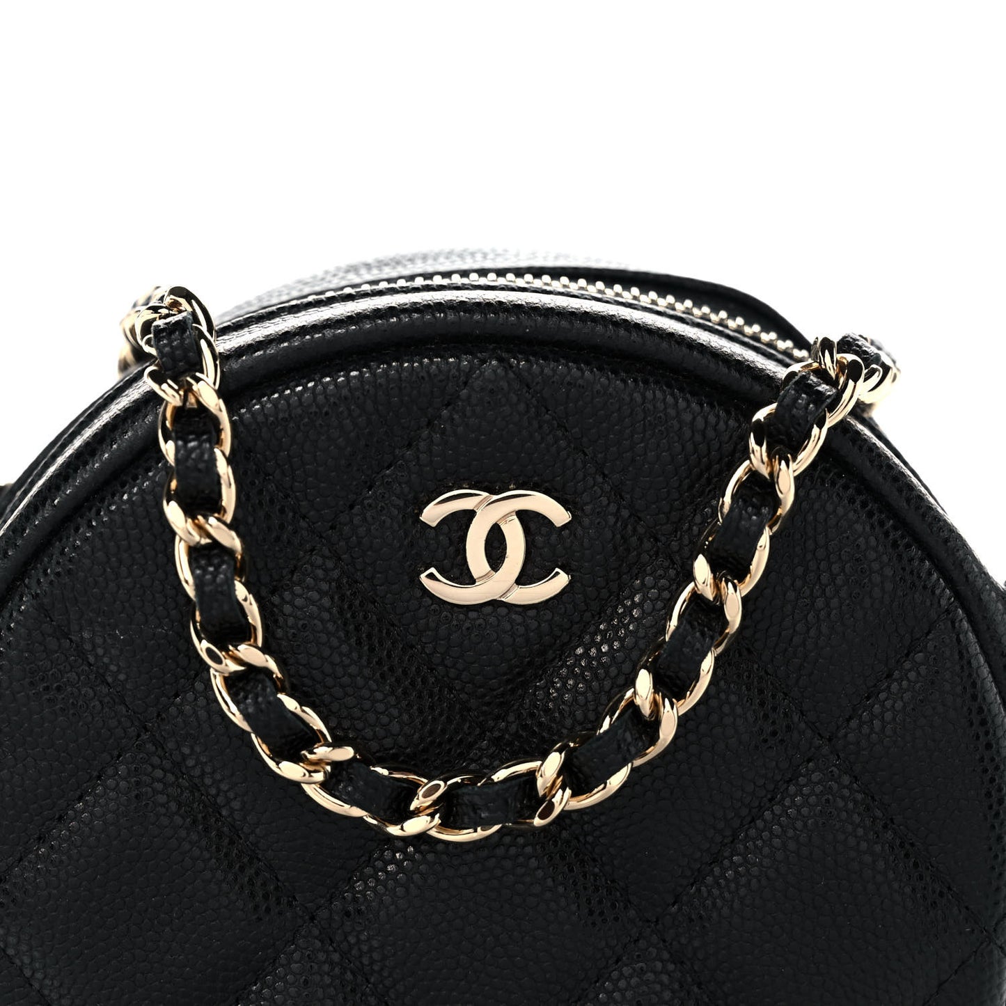 Caviar Quilted Round Clutch With Chain Black