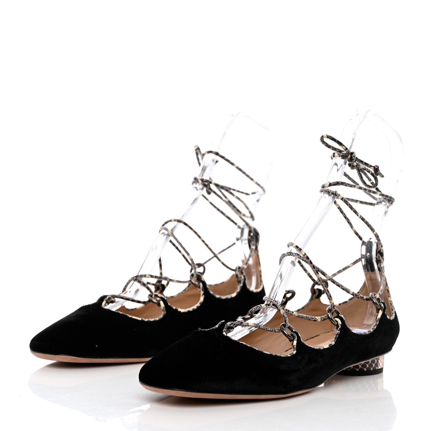Valentino Garavani Calfskin Snakeskin Embossed Velvet Crossover Ballerina Flats 38 Black Roccia 3 of 9