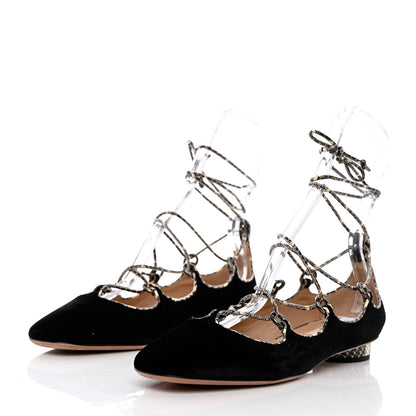 Valentino Garavani Calfskin Snakeskin Embossed Velvet Crossover Ballerina Flats 38 Black Roccia 3 of 9