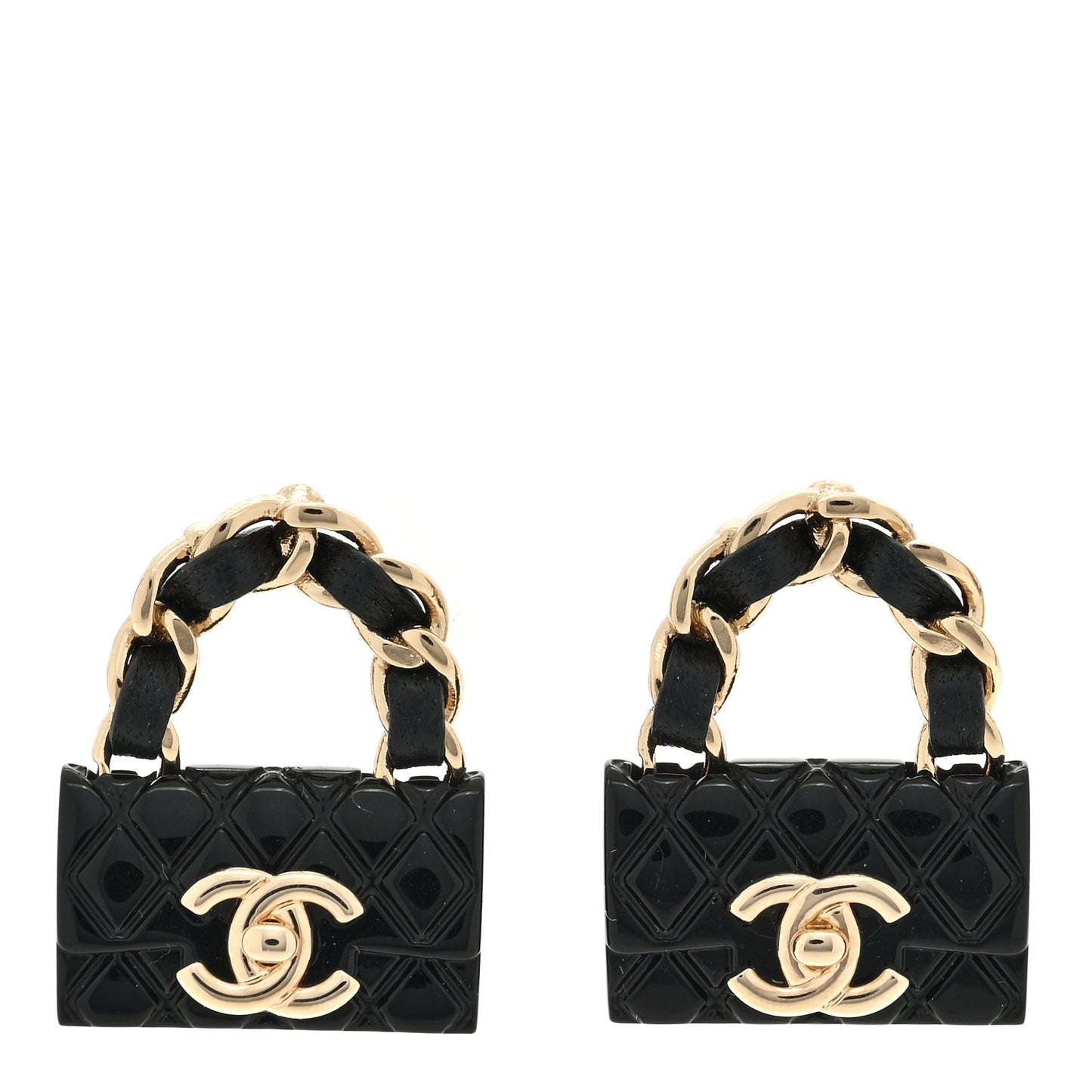 Metal Resin Lambskin Quilted CC Turnlock Chain Flap Bag Earrings Black Gold