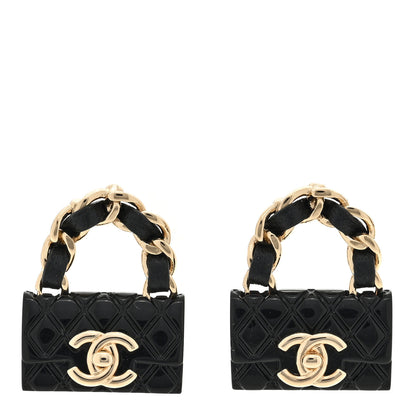 Chanel Metal Resin Lambskin Quilted CC Turnlock Chain Flap Bag Earrings Black Gold 1 of 4