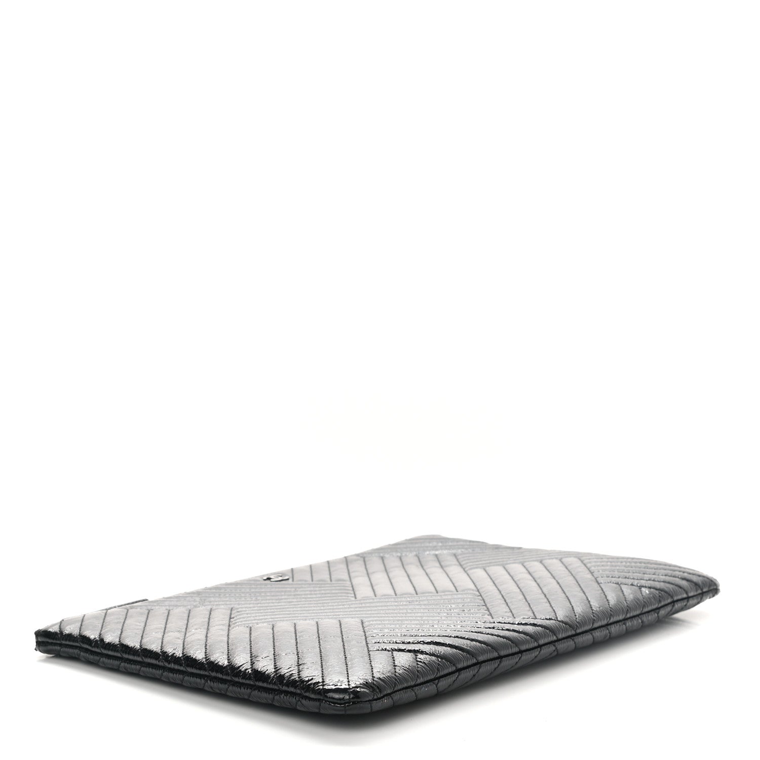 Chanel Distressed Patent Chevron Quilted Medium CC Crossing Cosmetic Case Black 4 of 7