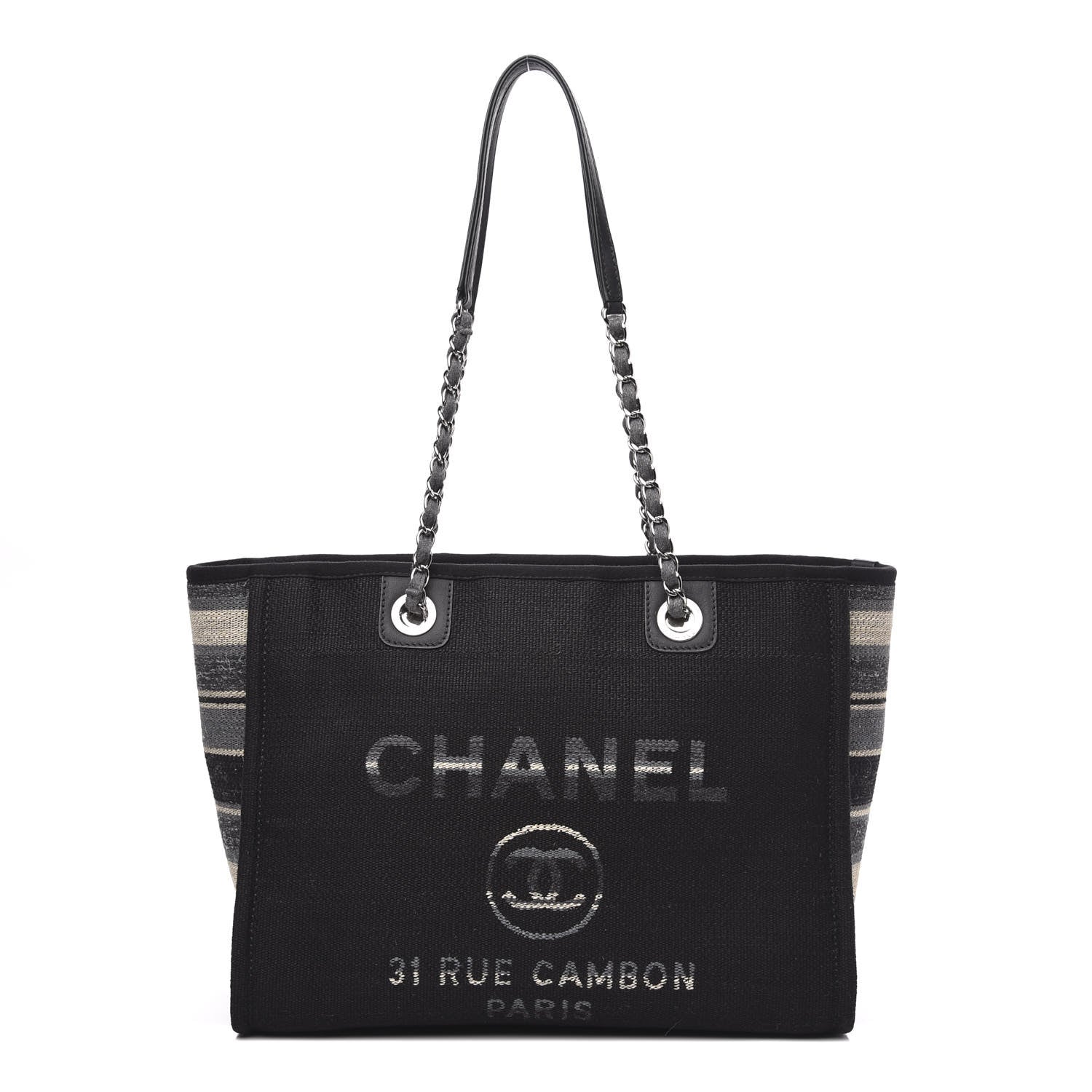 Chanel Striped Canvas Small Deauville Tote Grey Black 1 of 12