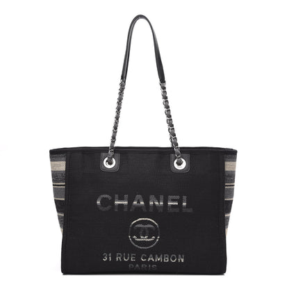 Chanel Striped Canvas Small Deauville Tote Grey Black 1 of 12