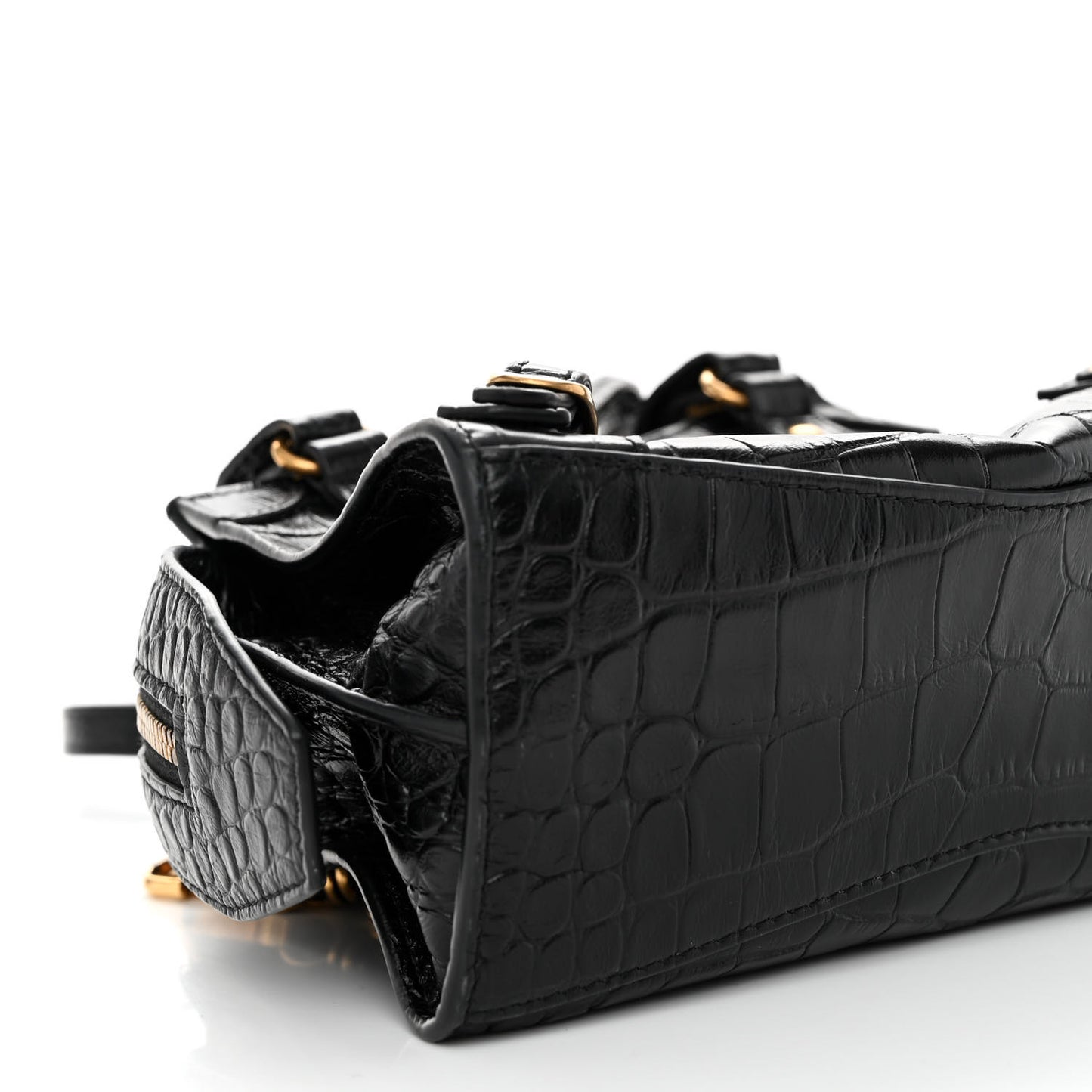 Shiny Supple Calfskin Crocodile Embossed Neo Classic Gold Hardware Mini City Black