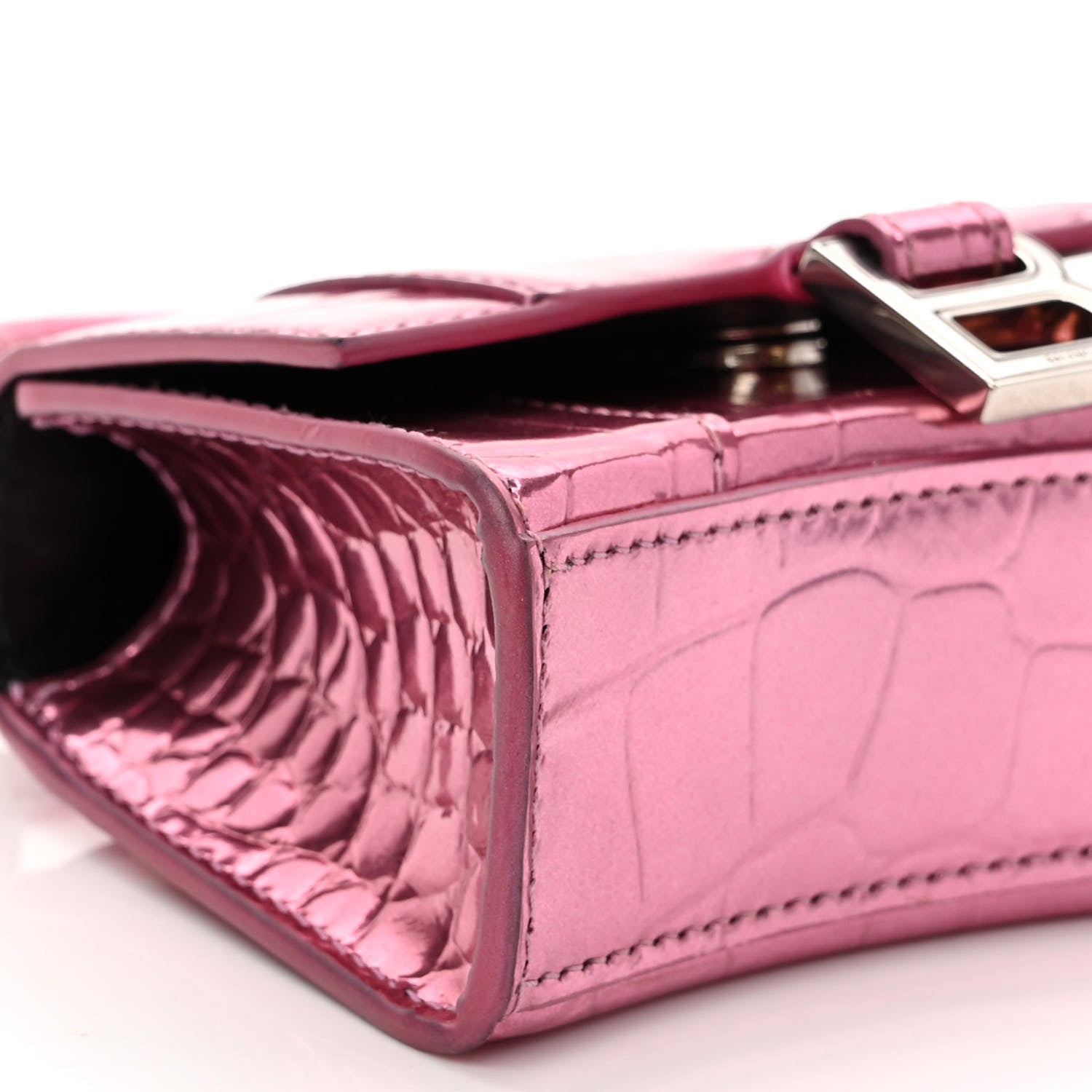 Balenciaga Metallic Calfskin Crocodile Embossed Hourglass Top Handle Bag Mini with Chain Pink 8 of 9