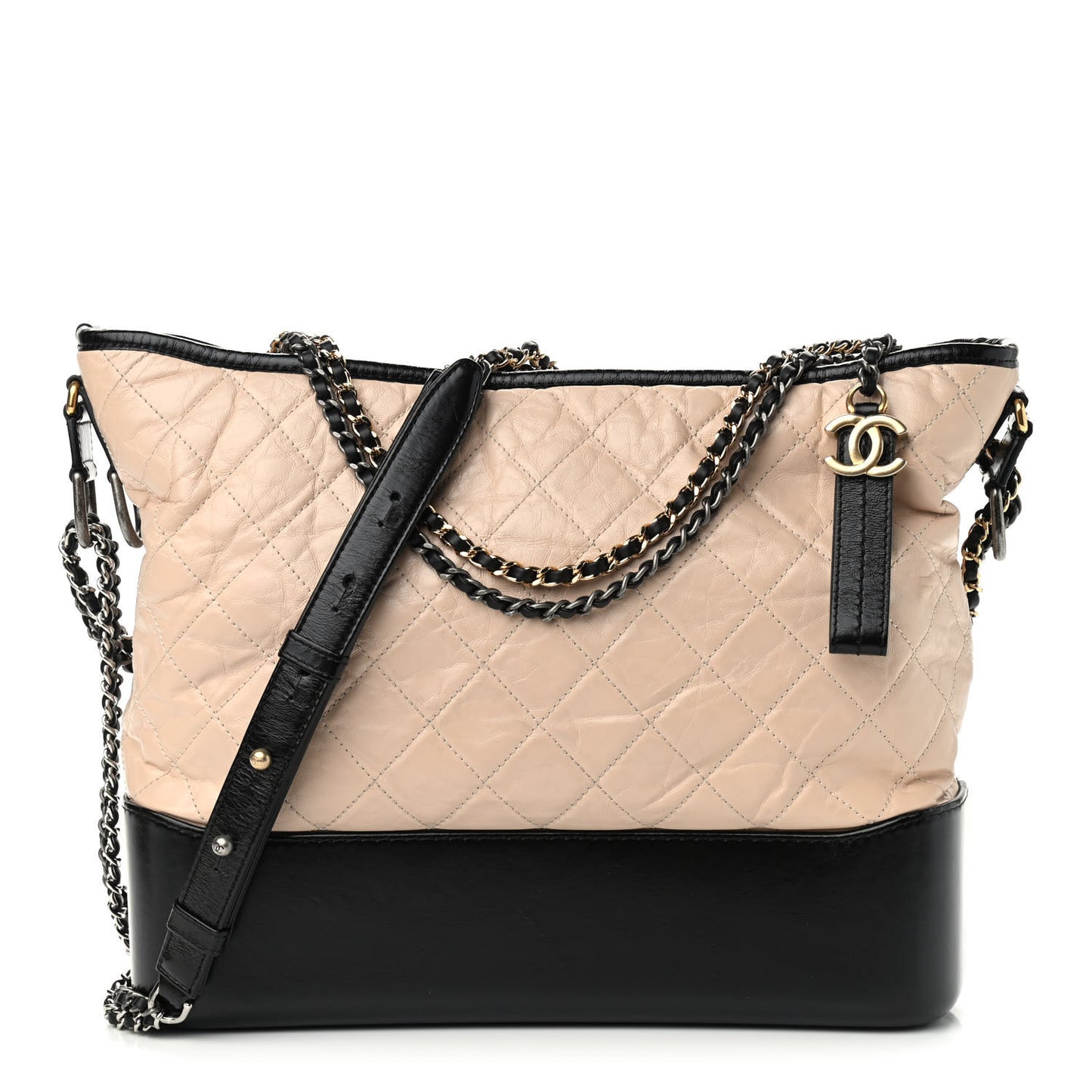 Aged Calfskin Quilted Large Gabrielle Hobo Beige Black