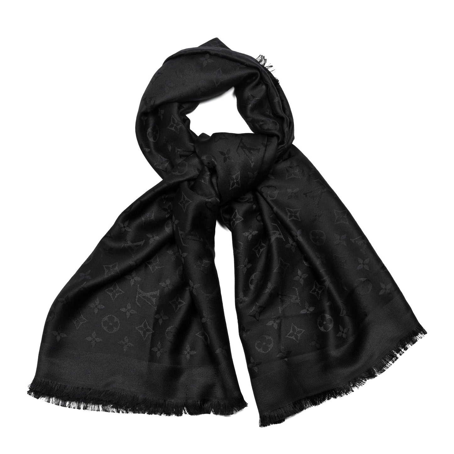 Silk Wool Monogram Denim Shawl Black