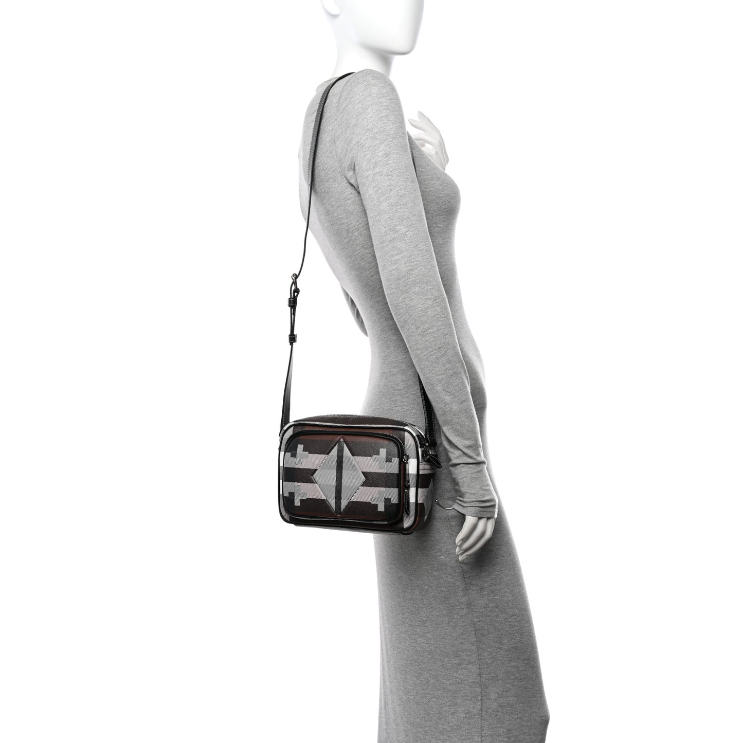 E-Canvas Calfskin Geometric Check Paddy Messenger Dark Birch Brown White