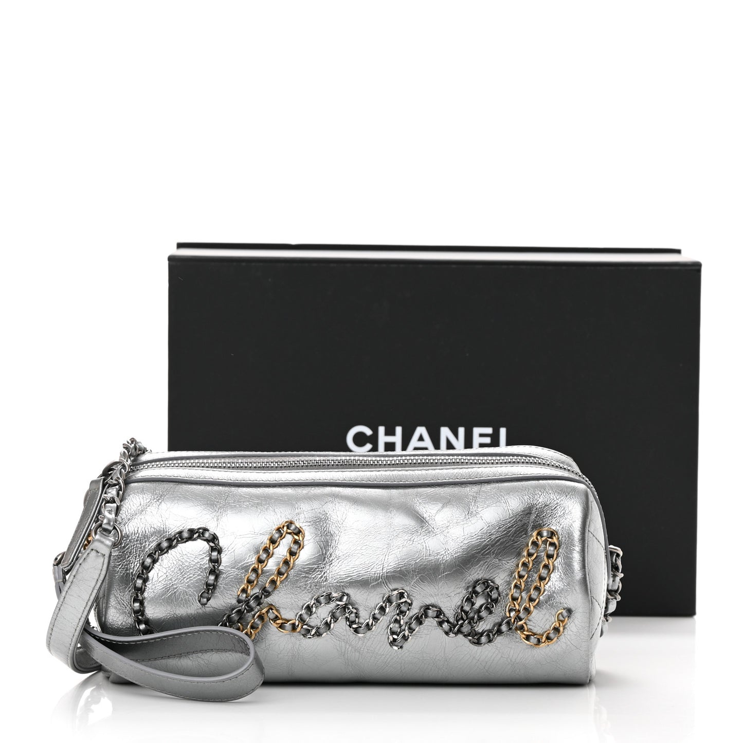 Metallic Lambskin Signe Bowling Bag Silver