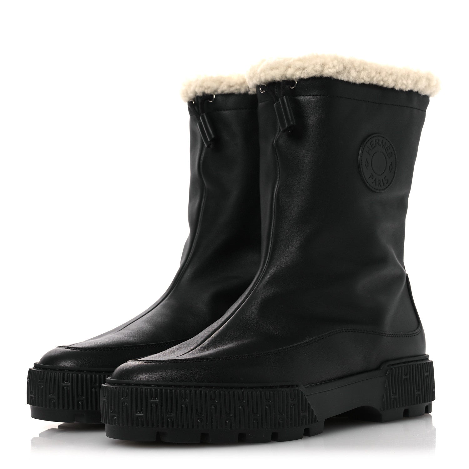 Hermes Calfskin Shearling Womens Journey Ankle Boots 38.5 Black Ecru 4 of 10