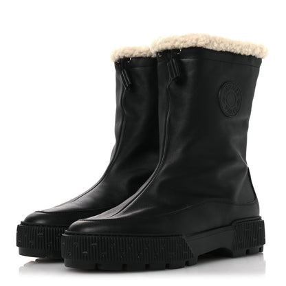 Hermes Calfskin Shearling Womens Journey Ankle Boots 38.5 Black Ecru 4 of 10