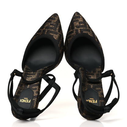 Fendi Fabric Jacquard FF Colibri Lite 85mm Slingback Pumps 40 Tobacco Black 2 of 9