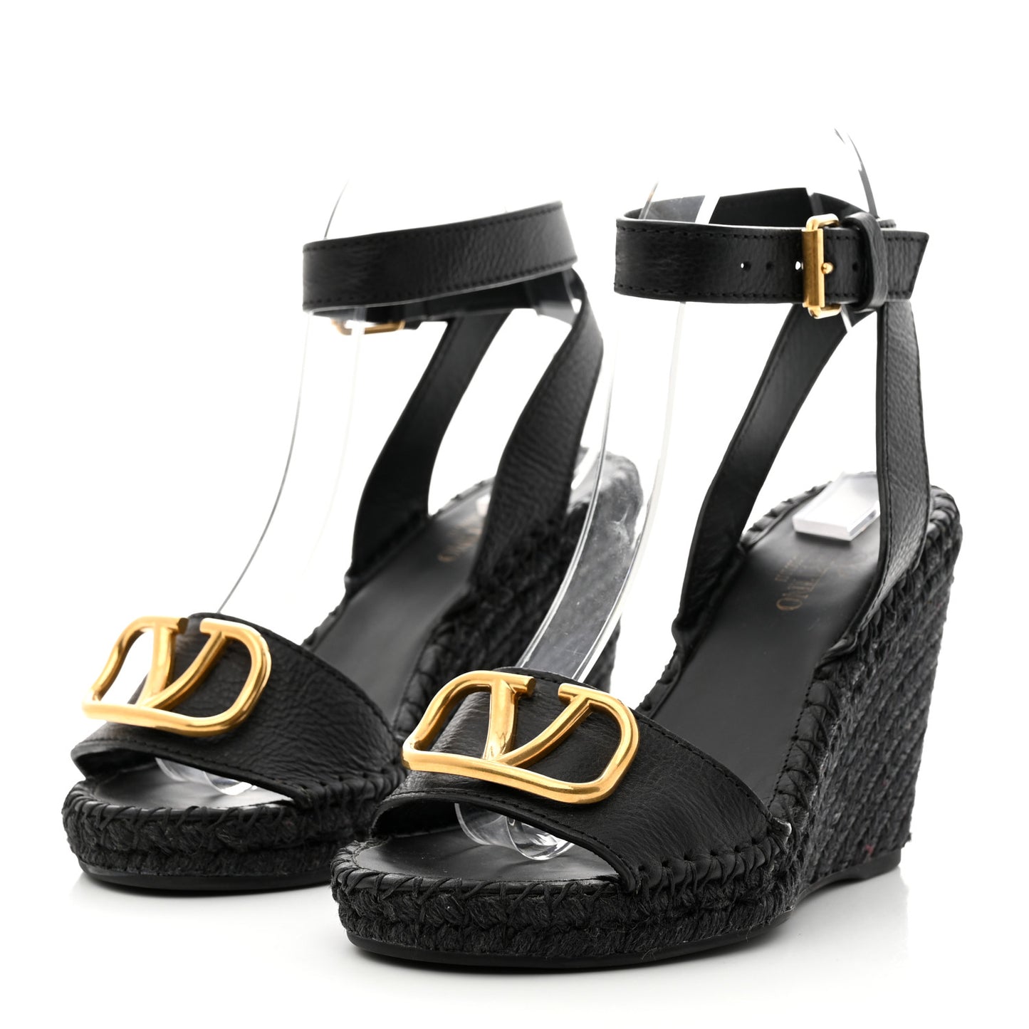 Grainy Cowhide VLogo Ankle Wrap Espadrille Wedge Sandals 37 Black