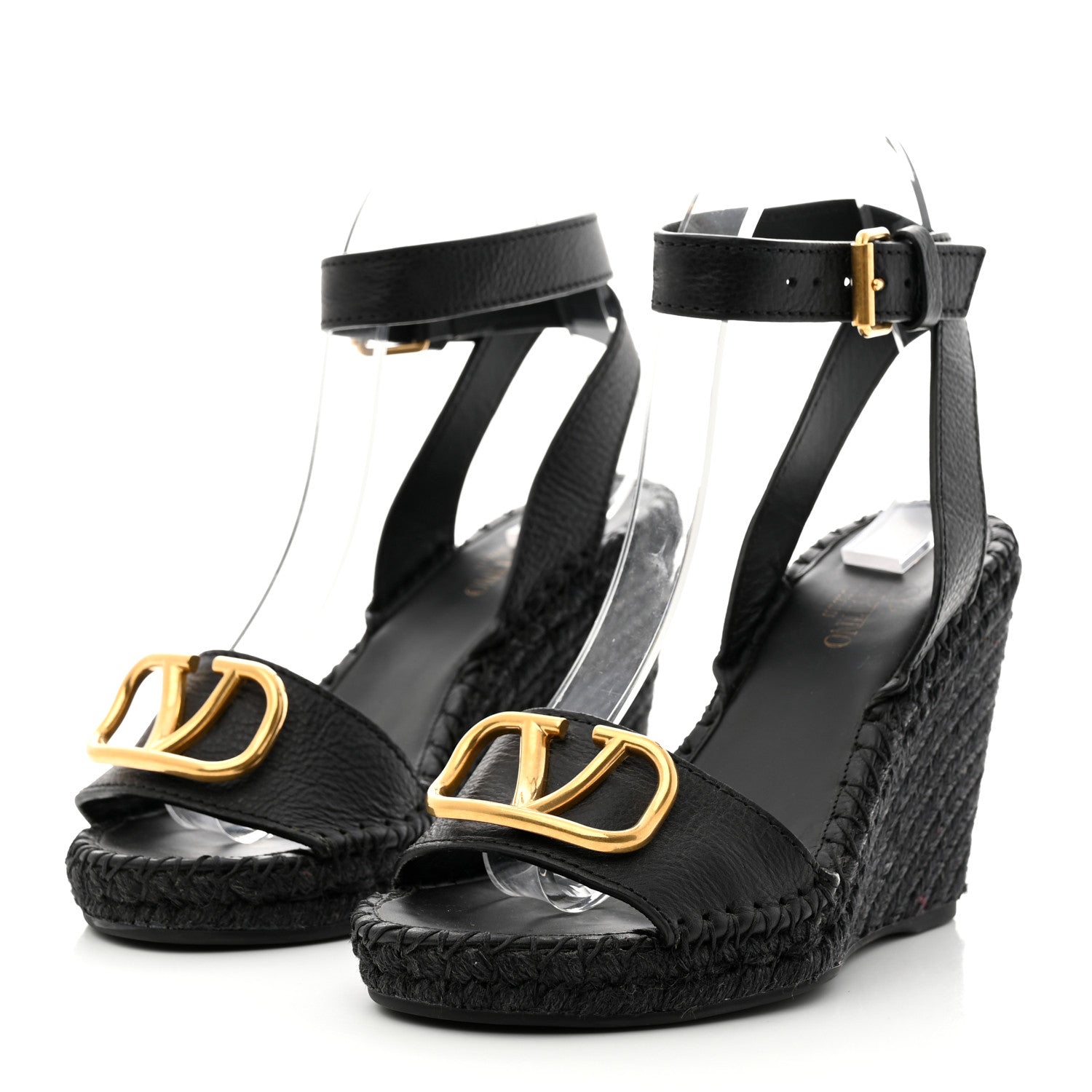 Valentino Garavani Grainy Cowhide VLogo Ankle Wrap Espadrille Wedge Sandals 37 Black 3 of 8