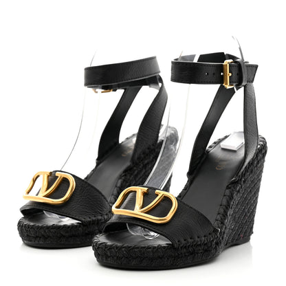 Valentino Garavani Grainy Cowhide VLogo Ankle Wrap Espadrille Wedge Sandals 37 Black 3 of 8