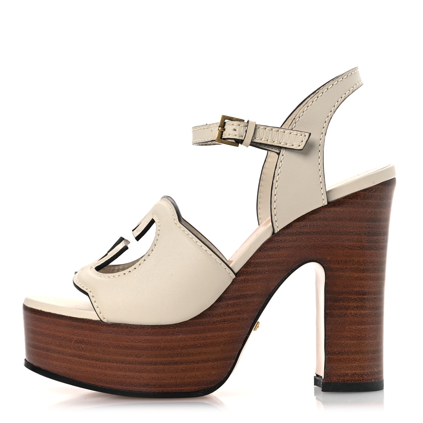 Cosmos Softy Calfskin Wooden Interlocking G Cut-Out 30/120mm Platform Sandals 35.5 Mystic White