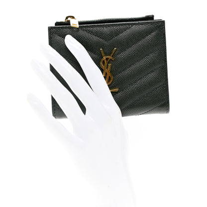 Saint Laurent Grain De Poudre Matelasse Chevron Monogram Zipped Card Case Green 2 of 9