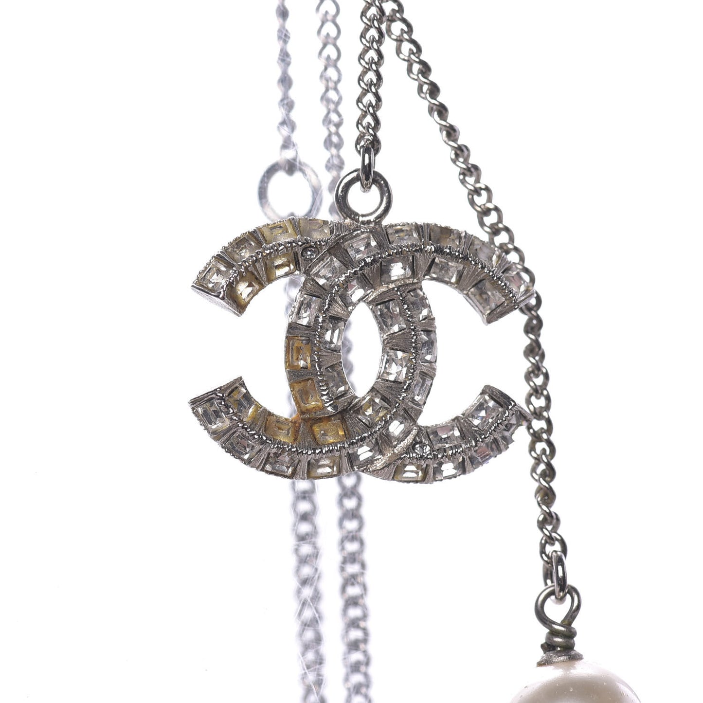 Baguette Crystal Pearl CC Lariat Necklace Silver