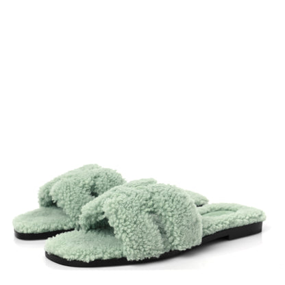 Hermes Woolskin Oran Sandals 38 Vert D'Eau 3 of 7