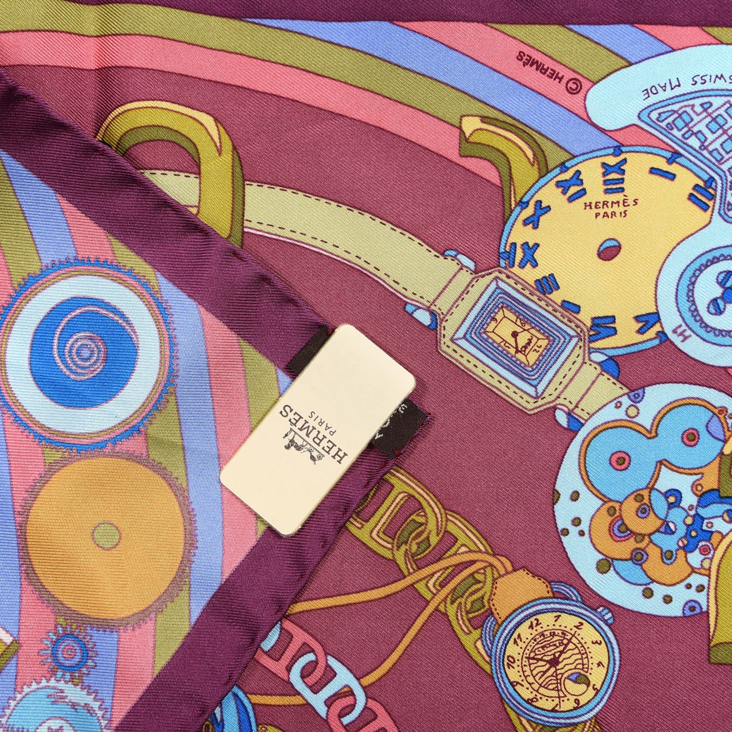 Hermes Silk Monsieur Montres Pocket Square Prune Lie De Vin Bleu 3 of 4