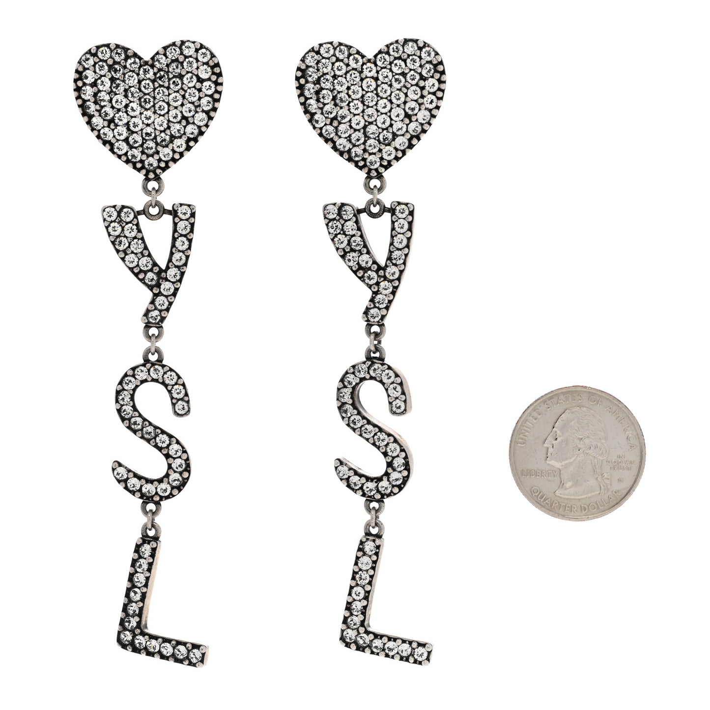 Brass Crystal Monogram Heart Drop Clip Earrings Silver
