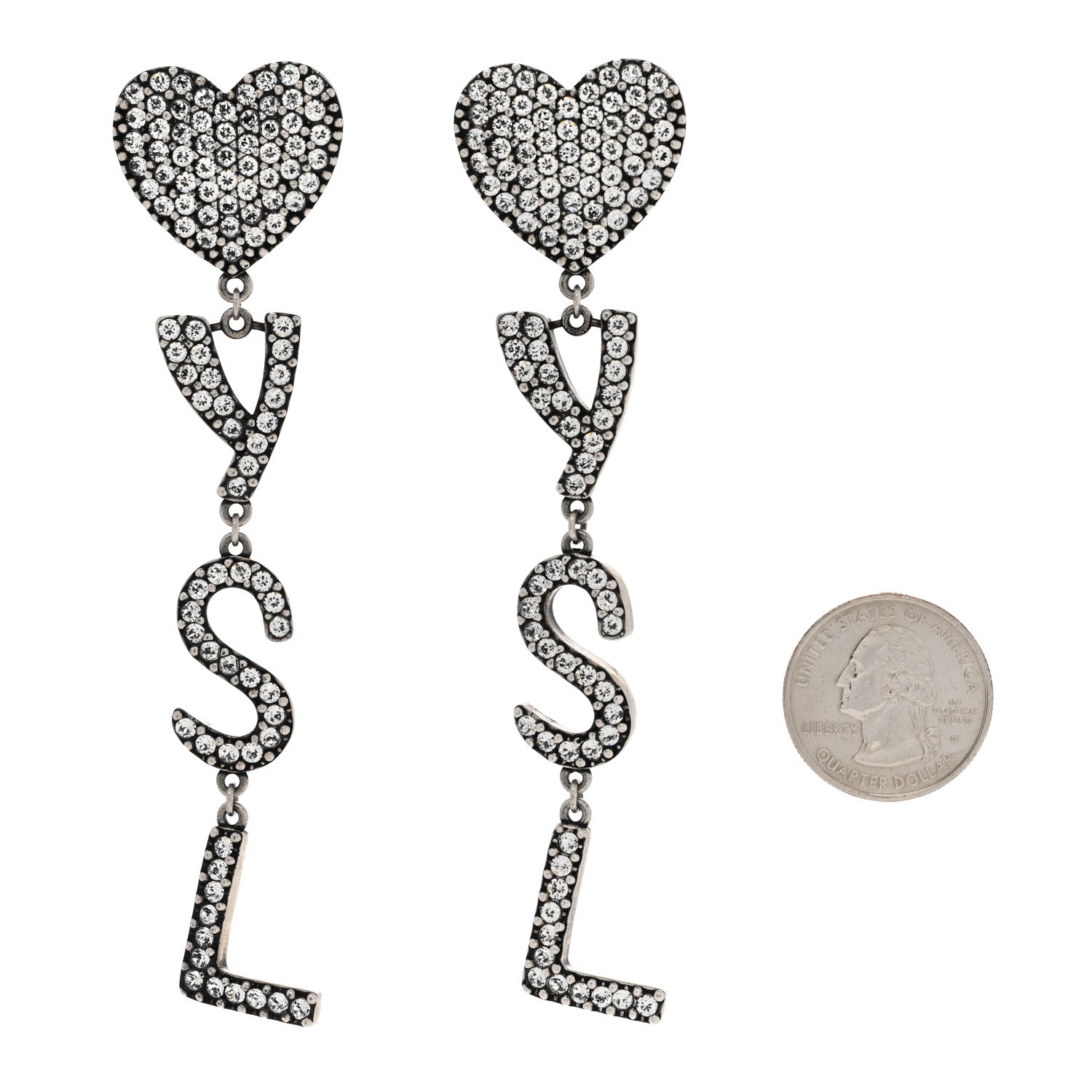 Saint Laurent Brass Crystal Monogram Heart Drop Clip Earrings Silver 2 of 4