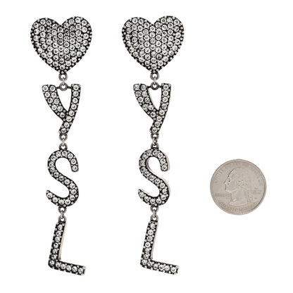 Saint Laurent Brass Crystal Monogram Heart Drop Clip Earrings Silver 2 of 4