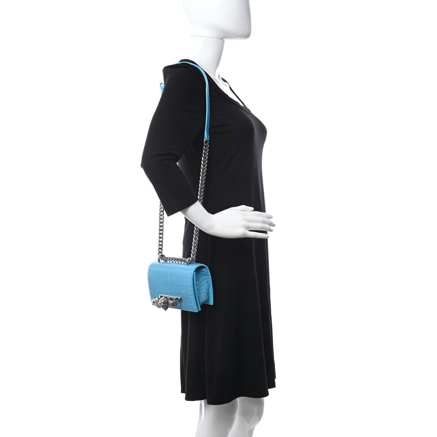 Alexander McQueen Calfskin Crocodile Embossed Knuckle Shoulder Bag Cerulean 2 of 10