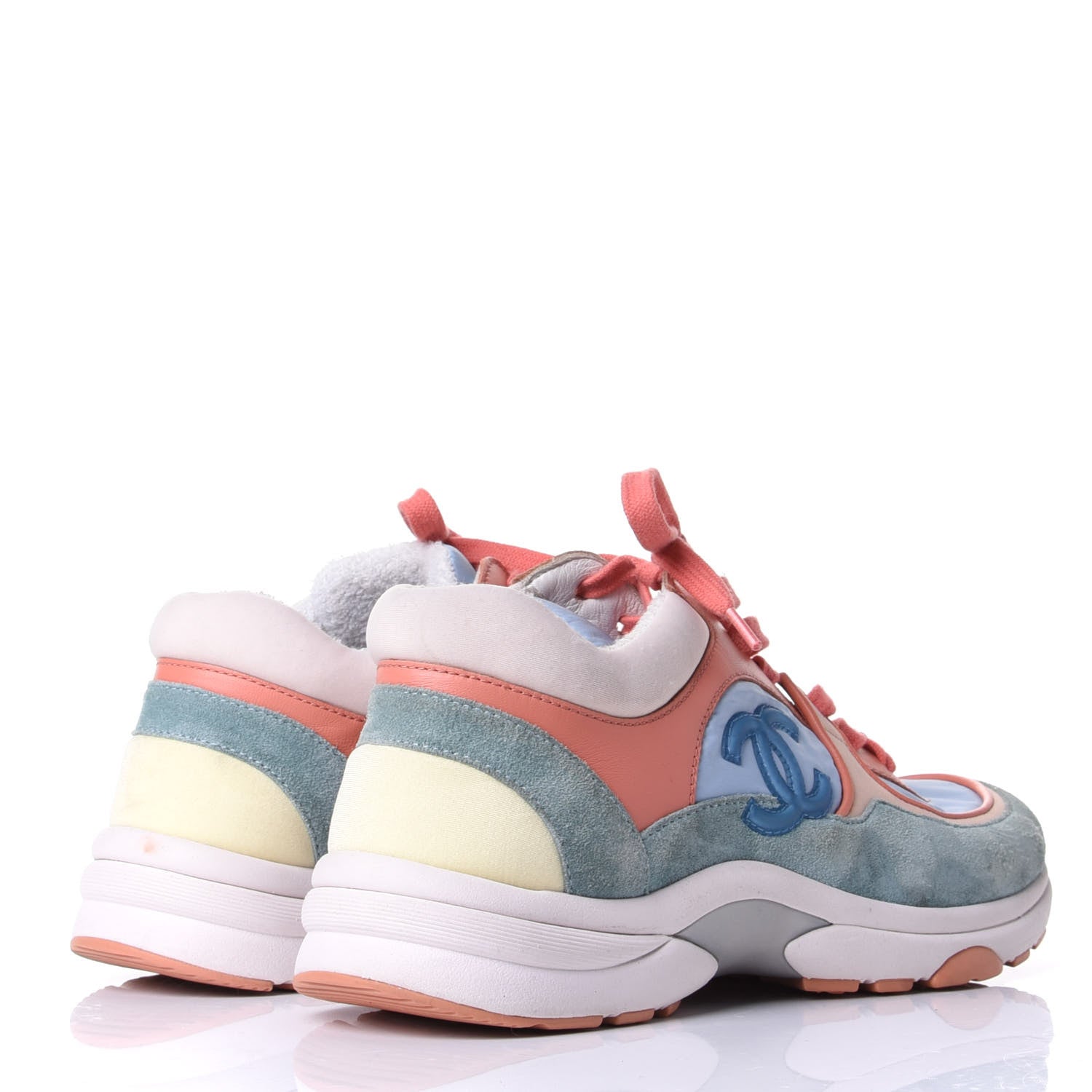Chanel Nylon Lambskin Suede Calfskin CC Sneakers 36 Coral Light Blue White 4 of 10