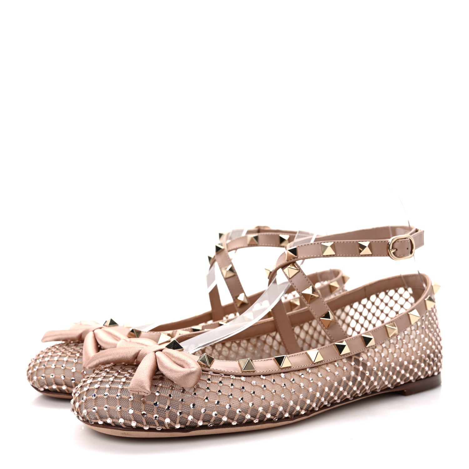 Valentino Garavani Mesh Calfskin Crystal Rockstud Multi Strap Ballerina Flats 39 Rose Cannelle 3 of 9