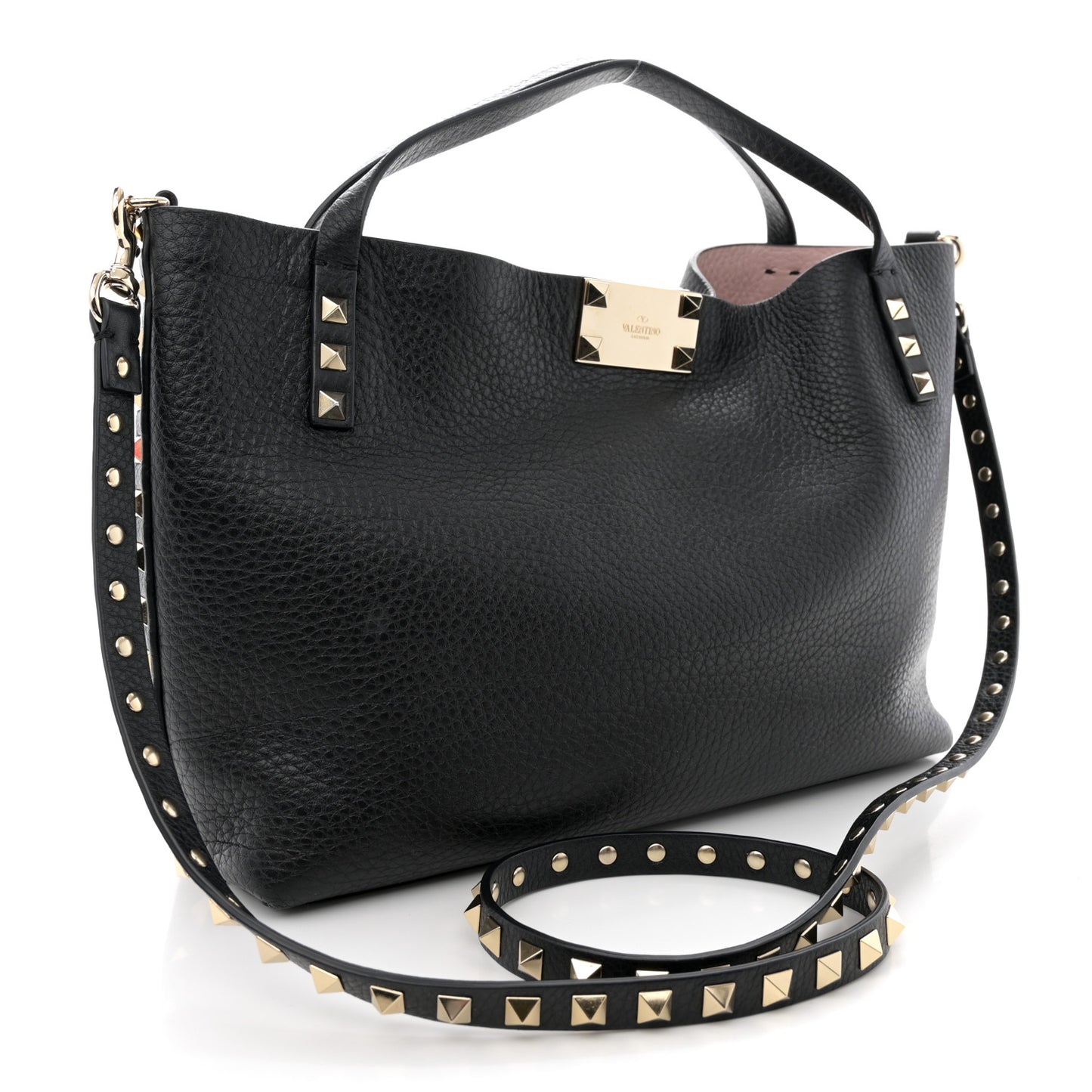Grained Calfskin Small Rockstud Flip Lock Tote Black Rose Quartz