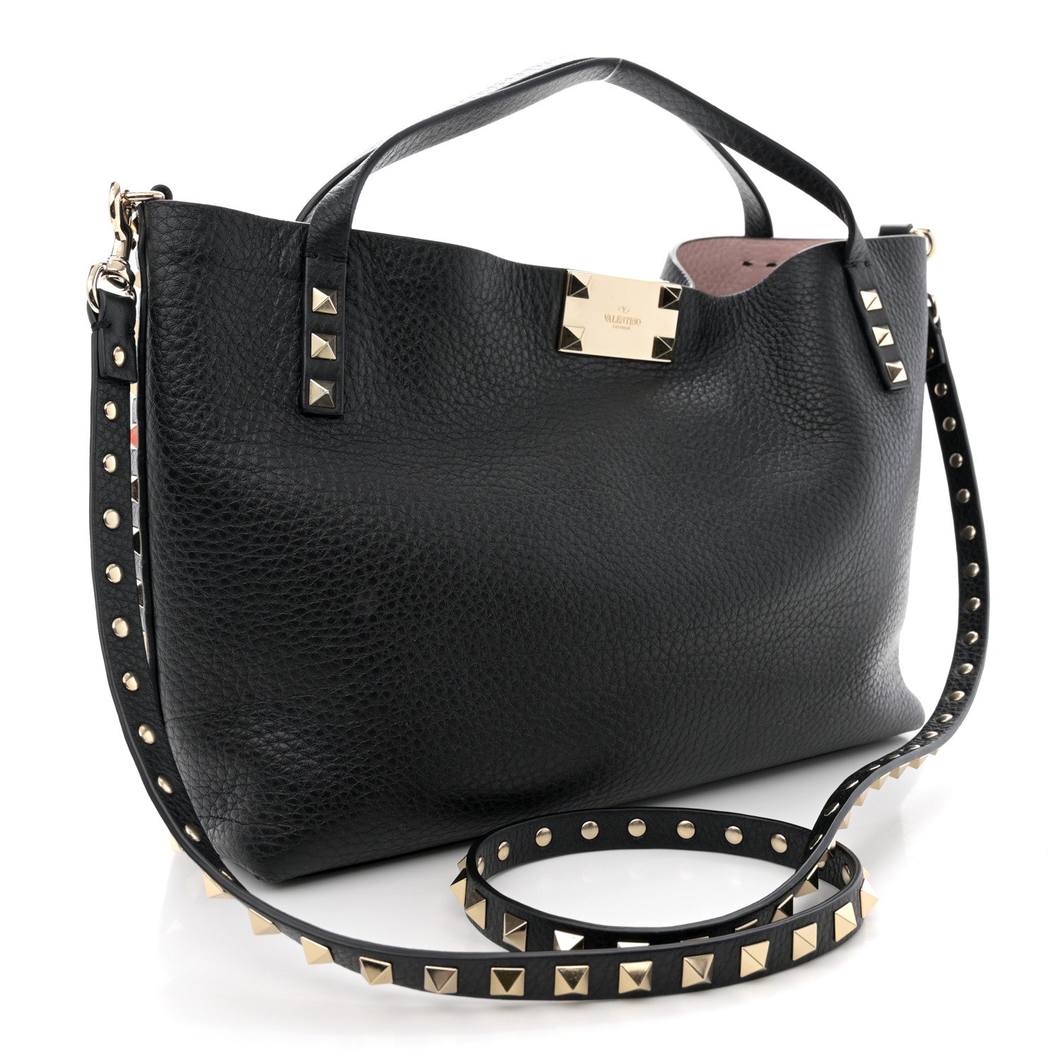 Valentino Garavani Grained Calfskin Small Rockstud Flip Lock Tote Black Rose Quartz 4 of 16