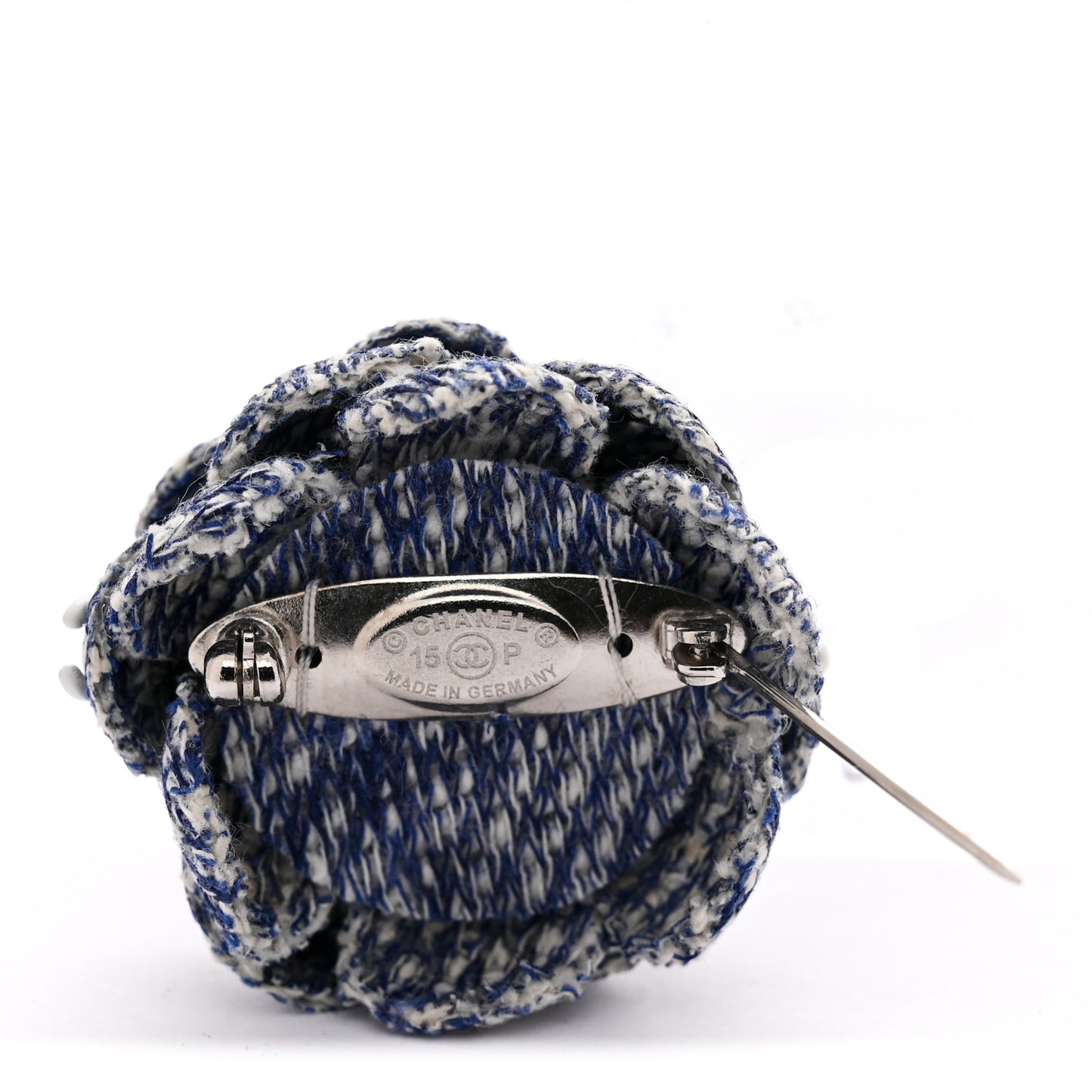 Tweed Camellia CC Brooch Lapel Pin Blue