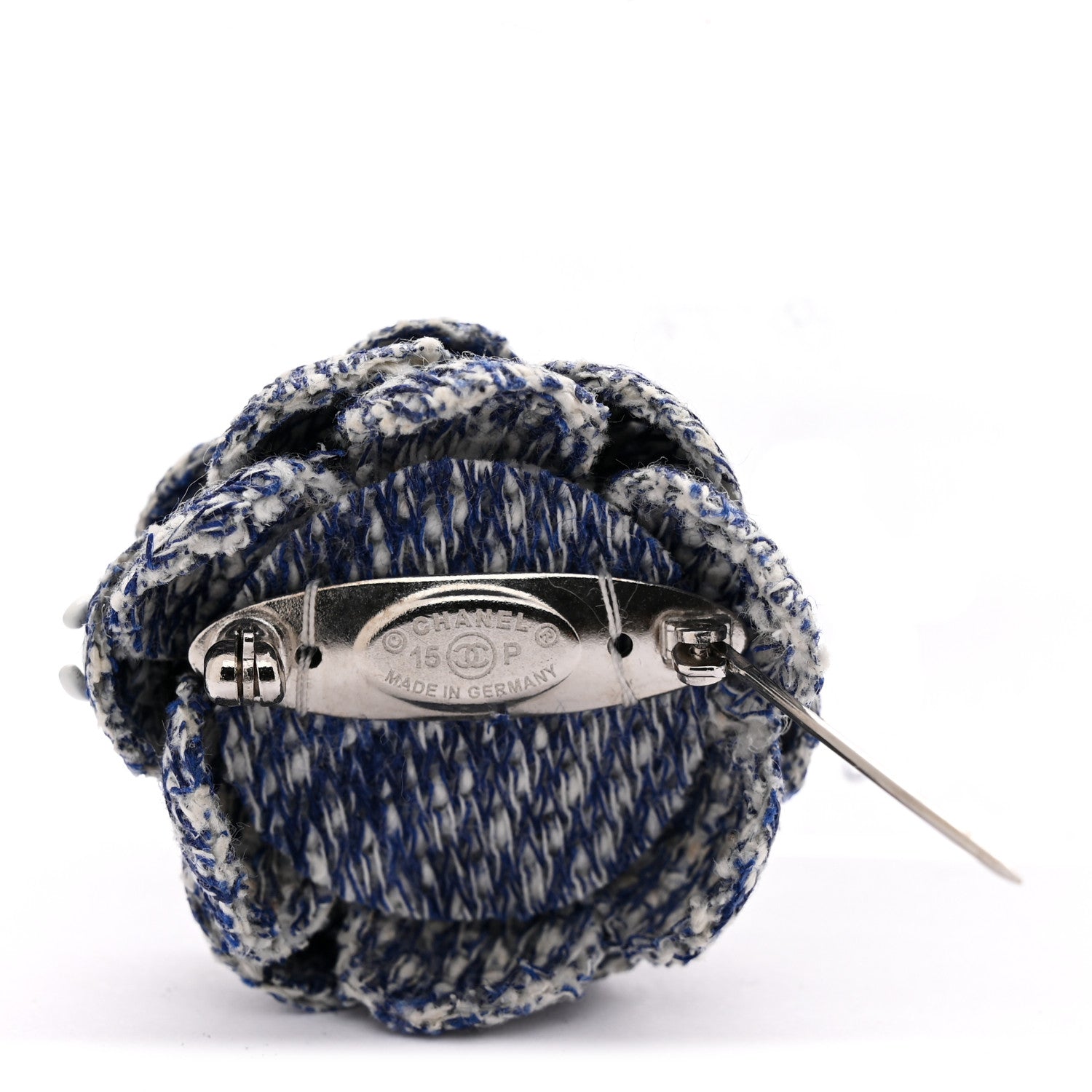 Chanel Tweed Camellia CC Brooch Lapel Pin Blue 3 of 4