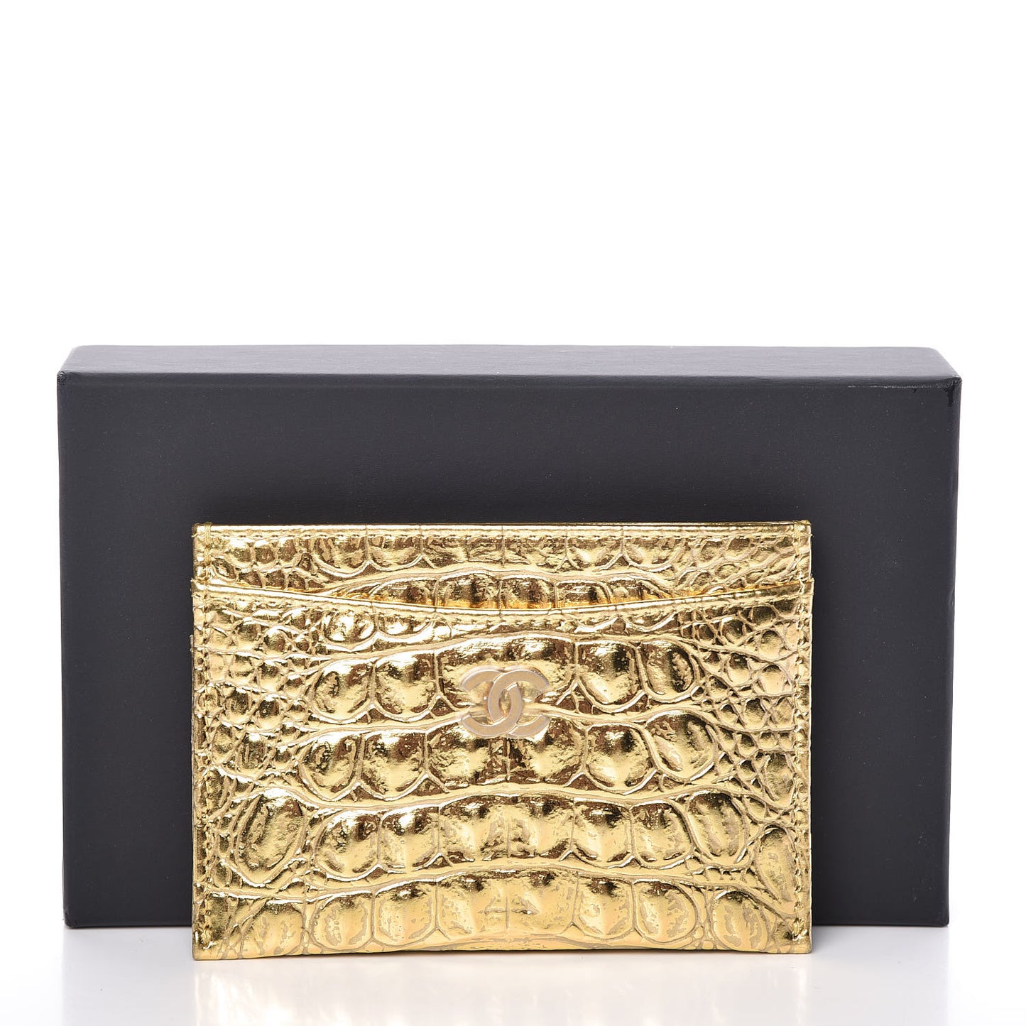 Metallic Calfskin Crocodile Embossed Cocodile Card Holder Gold