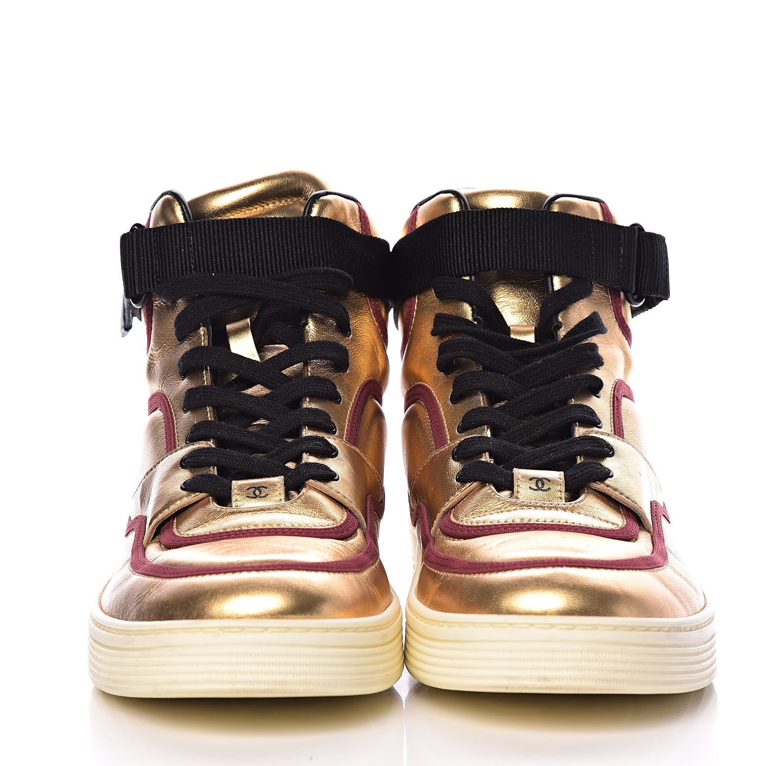 Chanel Metallic Satin Lambskin Mens Logo High Top Sneakers 44 Gold Burgundy 2 of 14