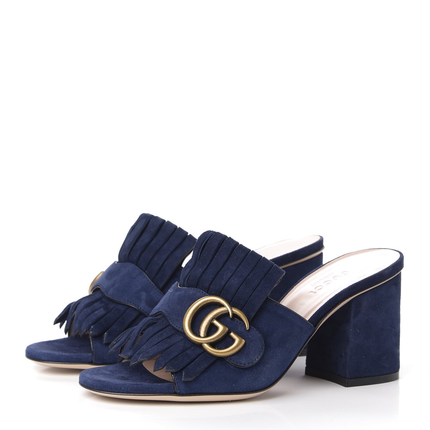 Kid Scamosciato GG Marmont Fringe 75mm Slide Sandals 35 Blue Ink