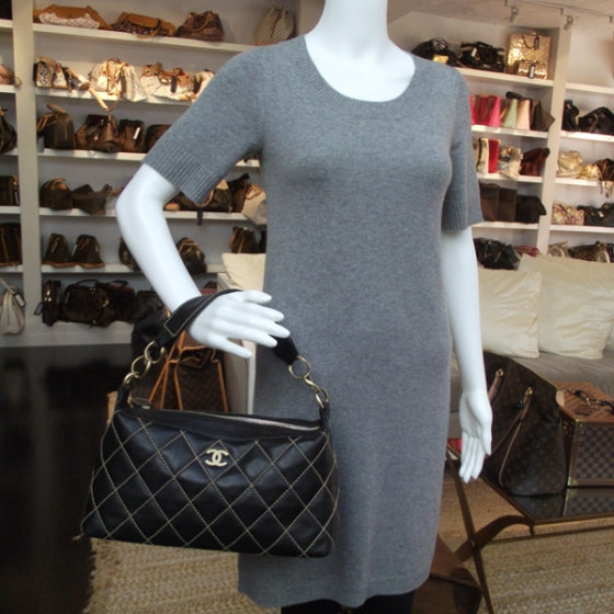 Leather Diamond Stitch Surpique Bag Black