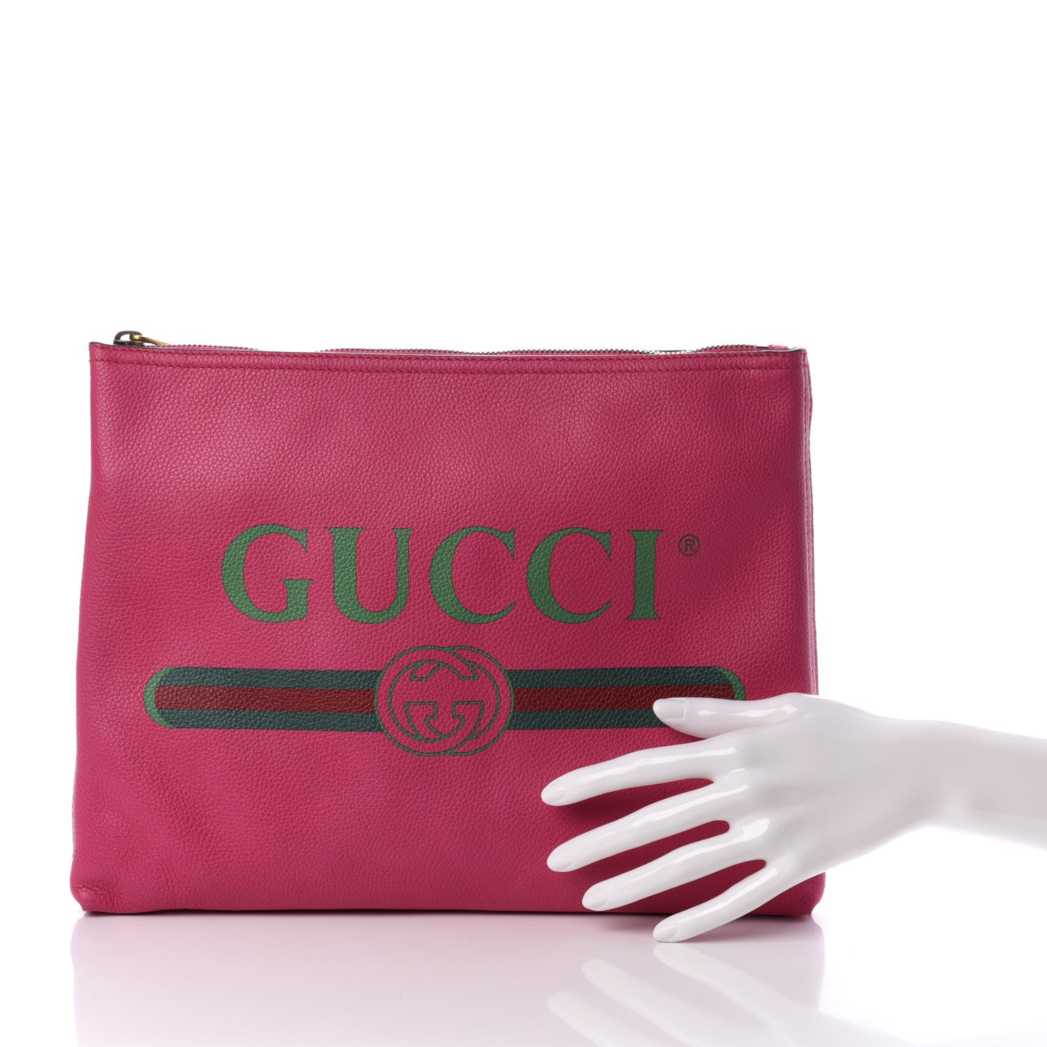 Gucci Pebbled Calfskin Medium Logo Portfolio Clutch Box Pink Green 2 of 7