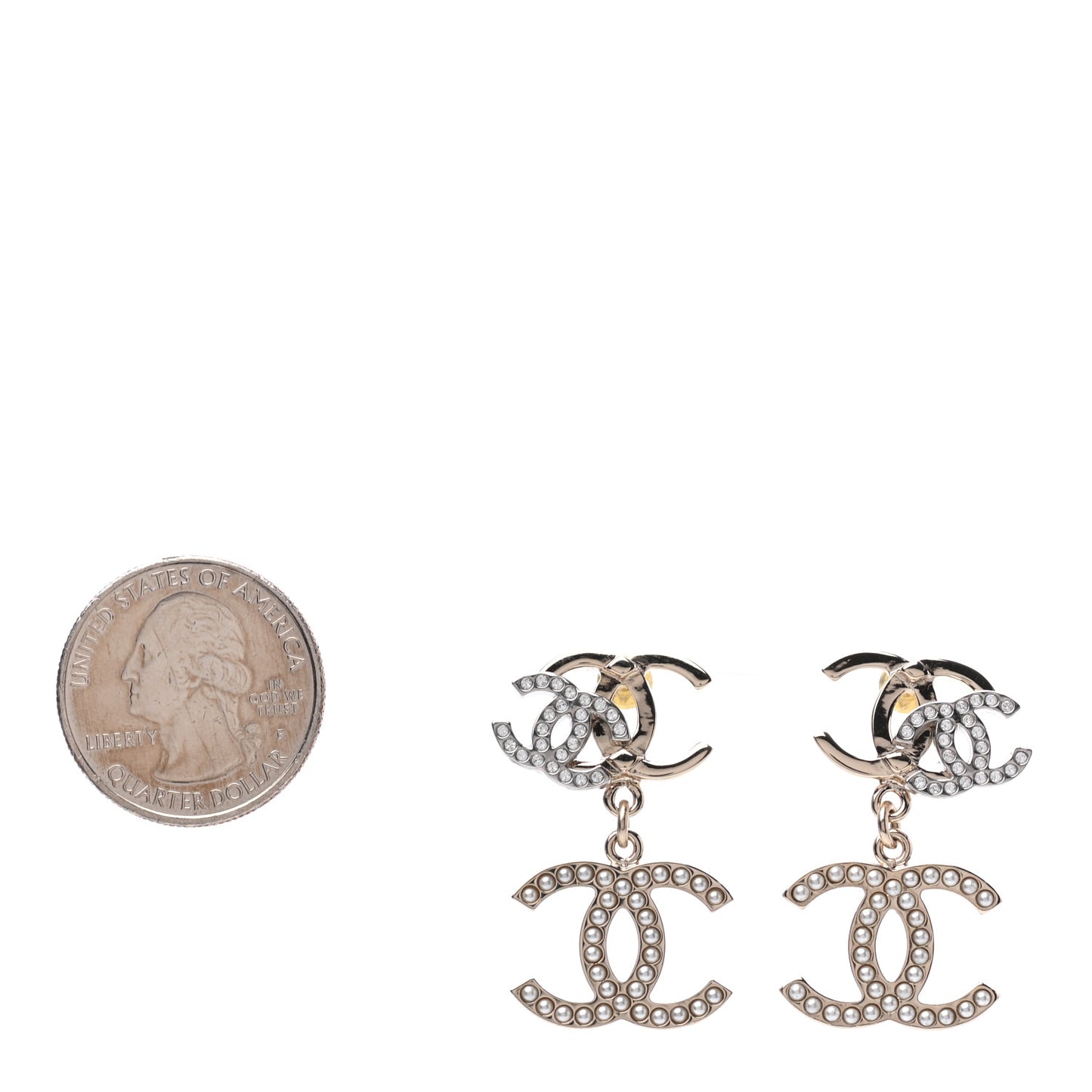 Crystal Pearl Double CC Drop Earrings Gold Silver