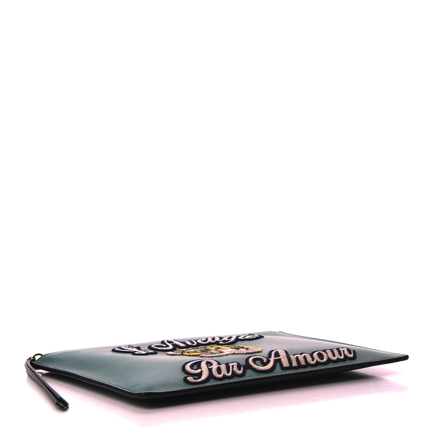 Gucci Calfskin Embroidered Large L'Aveugle Par Amour Zip Pouch Green 3 of 8