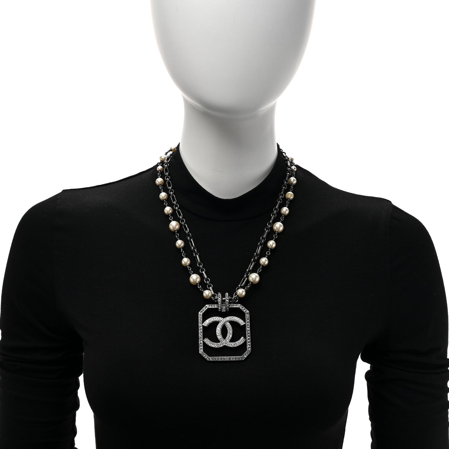 Chanel Pearl Crystal CC Double Strand Necklace Ruthenium 2 of 6
